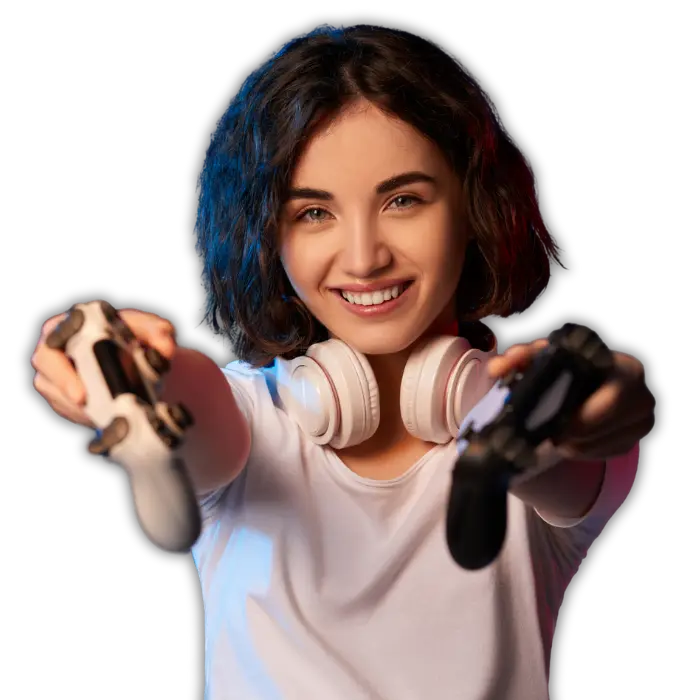 Smiling gamer holding two video game controllers, representing video game localization and translation services