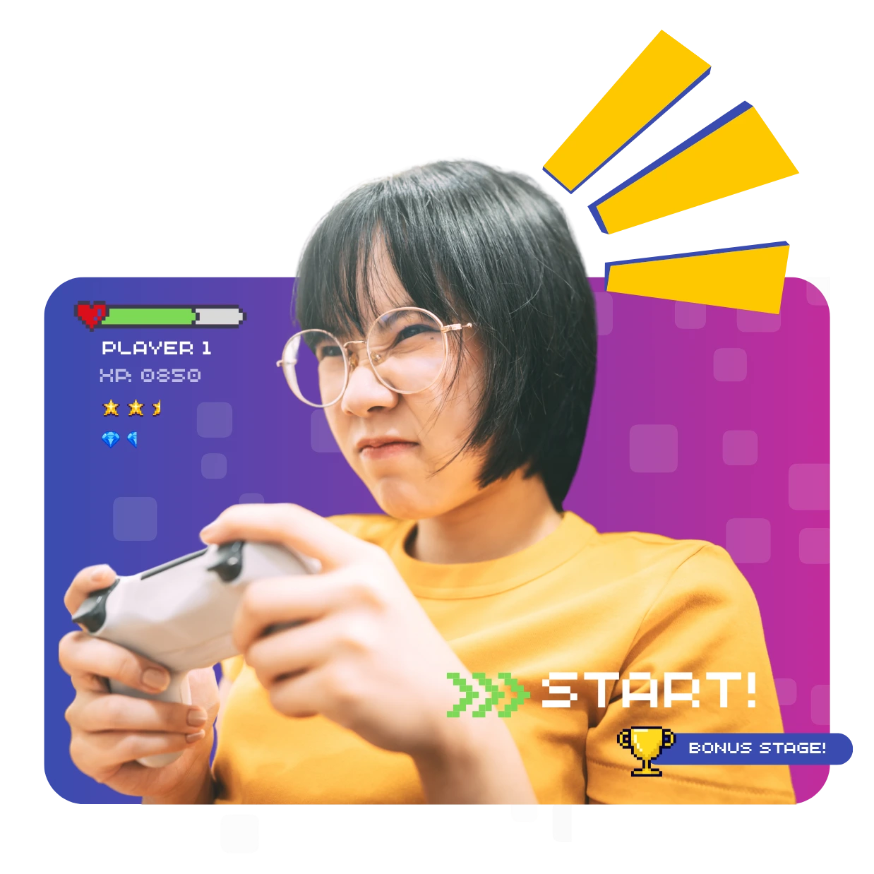 ゲームローカライズを表現した、ゲームコントローラーを操作するプレイヤー